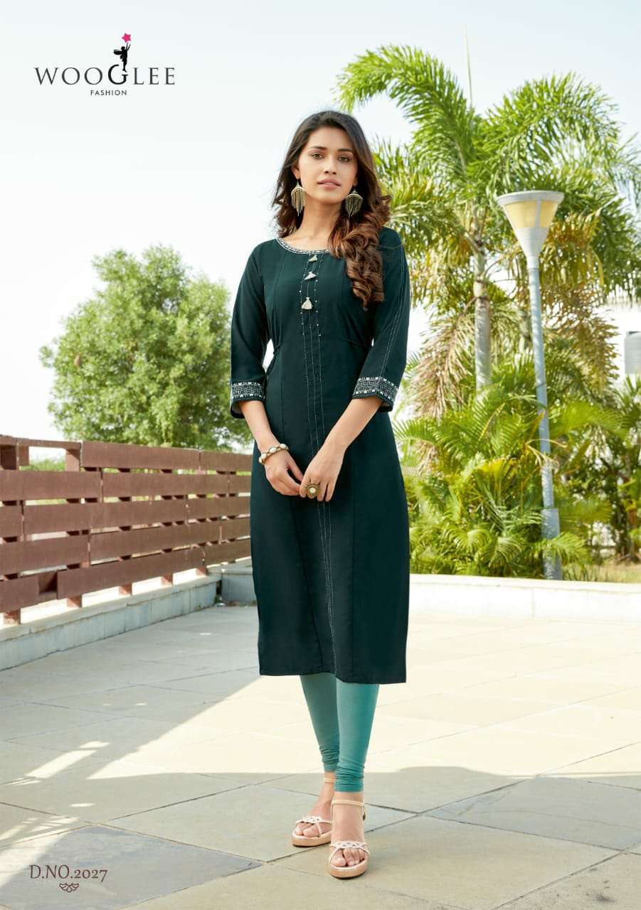 WOOGLEE BARBELLA RAYON ATTRECTIVE COLOURS KURTI CATALOG