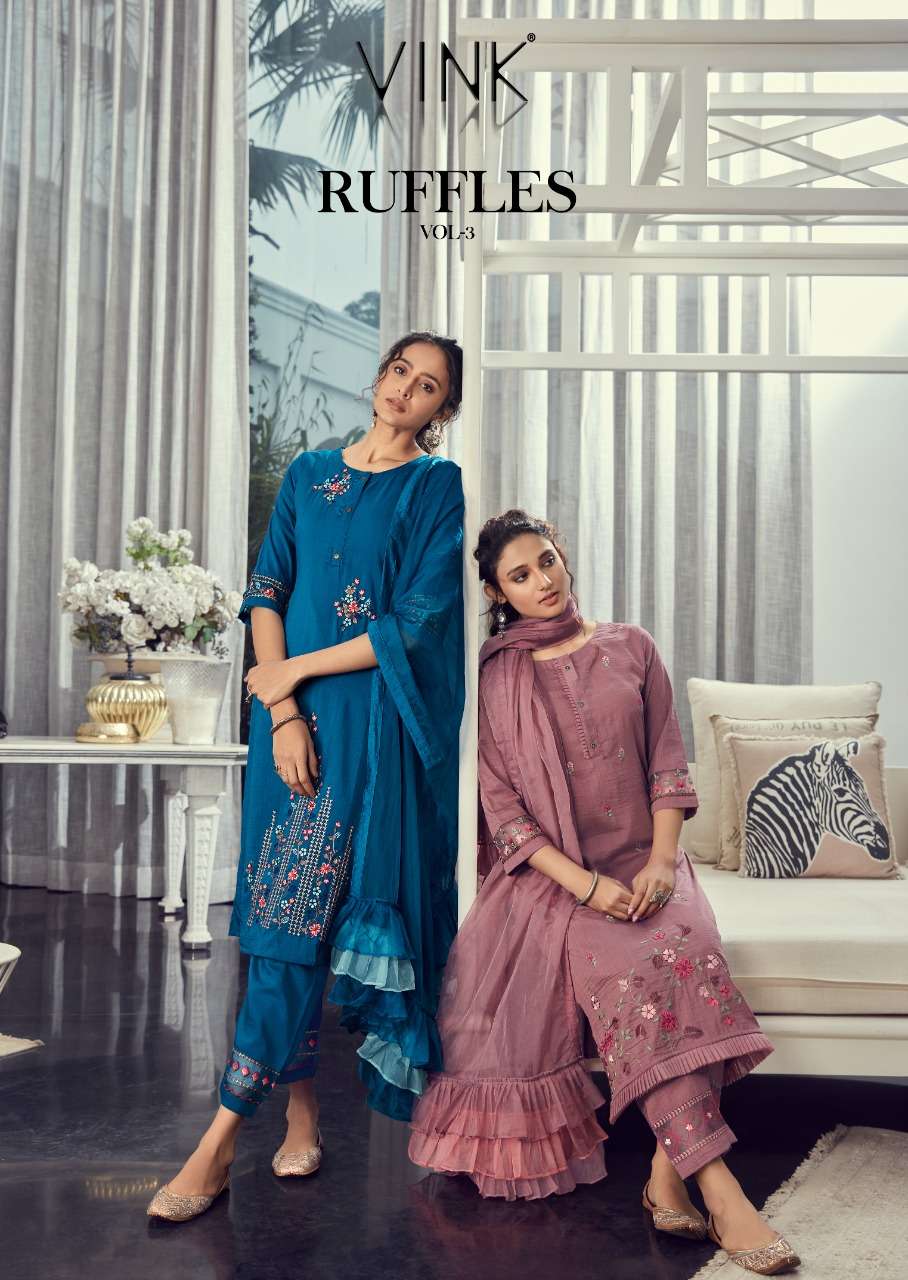 VINK RUFFLES VOL 3 SILK CATCHY LOOK TOP BOTTOM AND DUPATTA CATALOG